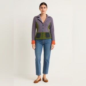 Vintage 90s/Y2K Laurie B wool blend artsy orange green and purple sweater blazer
